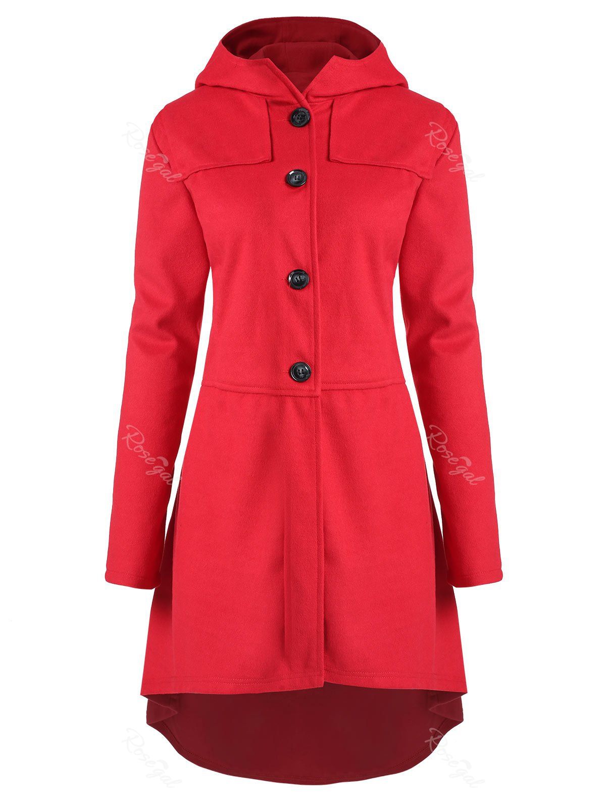 

Plus Size High Low Hooded Coat with Button Fly, Red