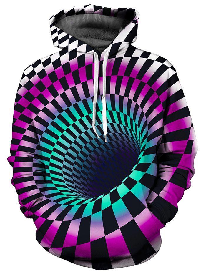 

3D Swirl Checked Print Pullover Hoodie, Dark carnation pink