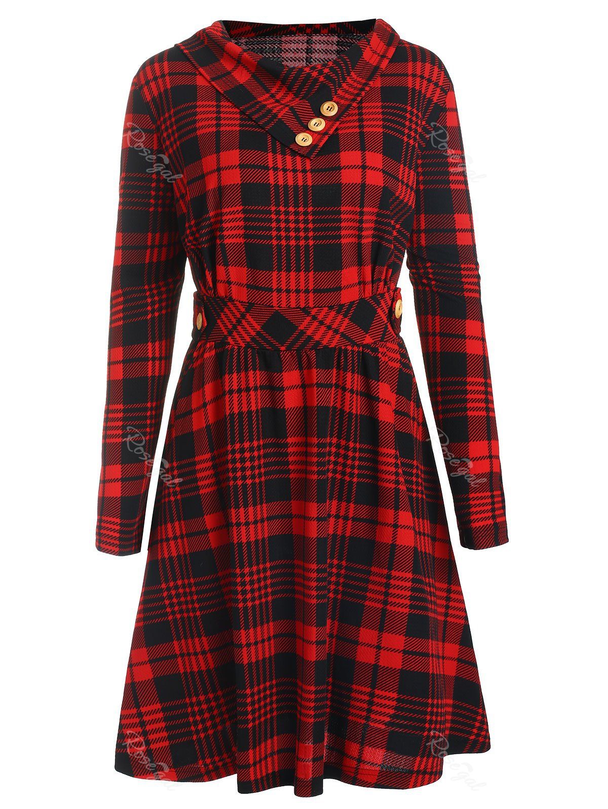 

Plus Size Long Sleeves Plaid Flare Dress with Buttons, Red