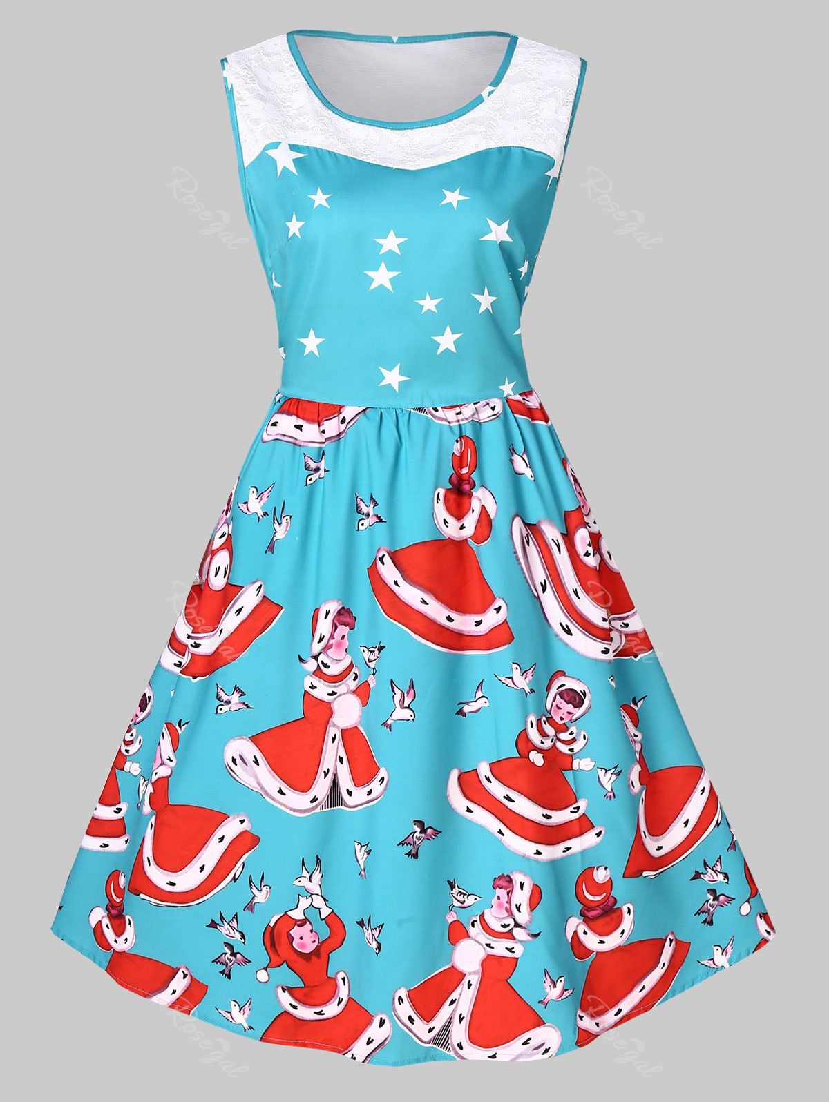 

Plus Size Vintage Christmas Lace Panel Dress, Macaw blue green