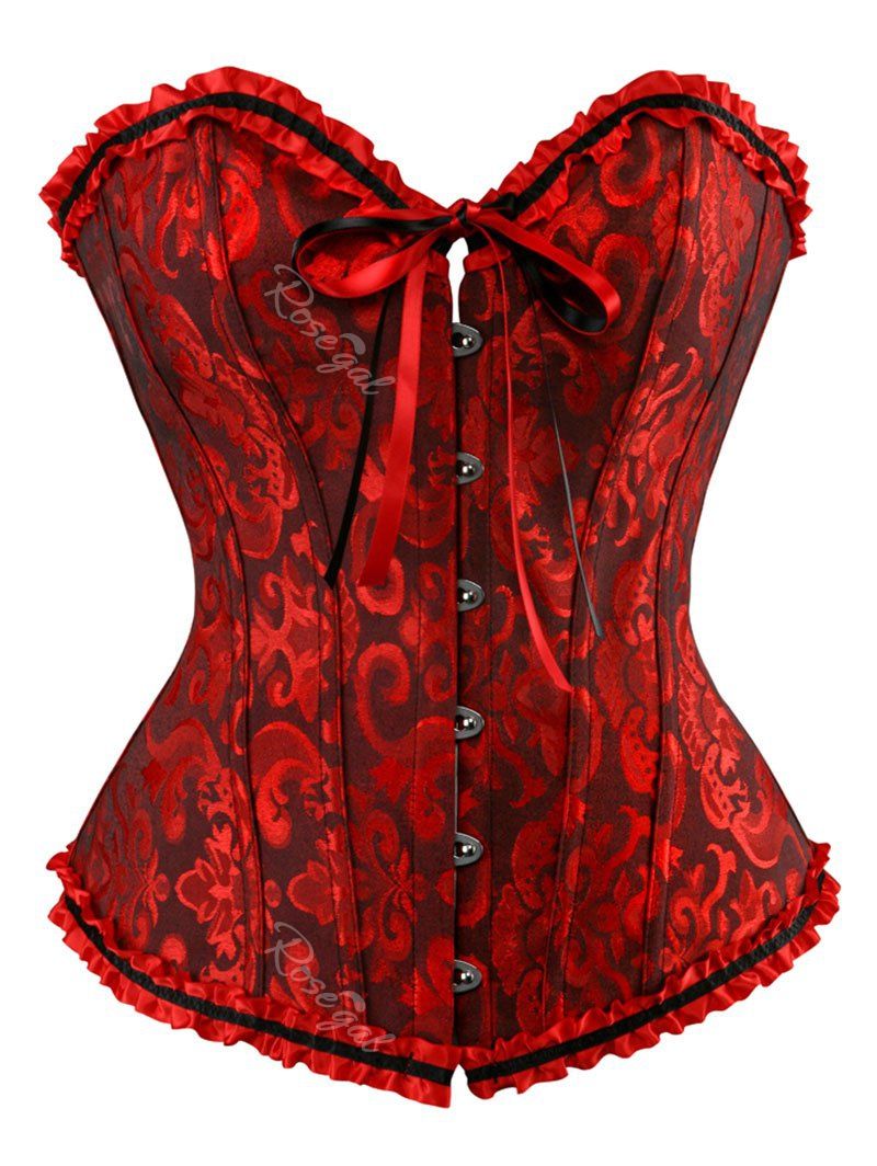 

Ruffle Trim Plus Size Printed Corset, Red wine