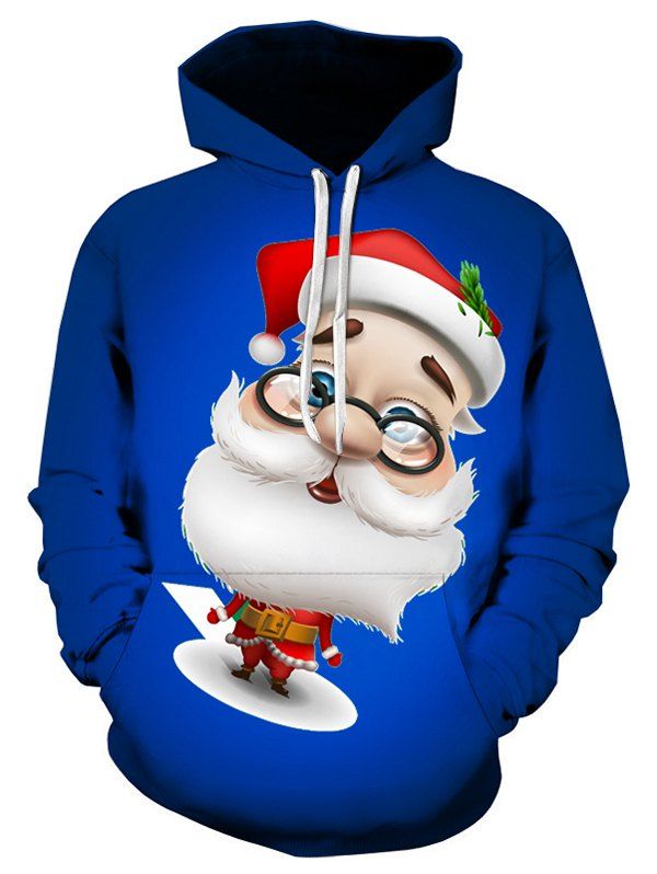 

3D Cartoon Santa Claus Printed Pullover Hoodie, Cobalt blue