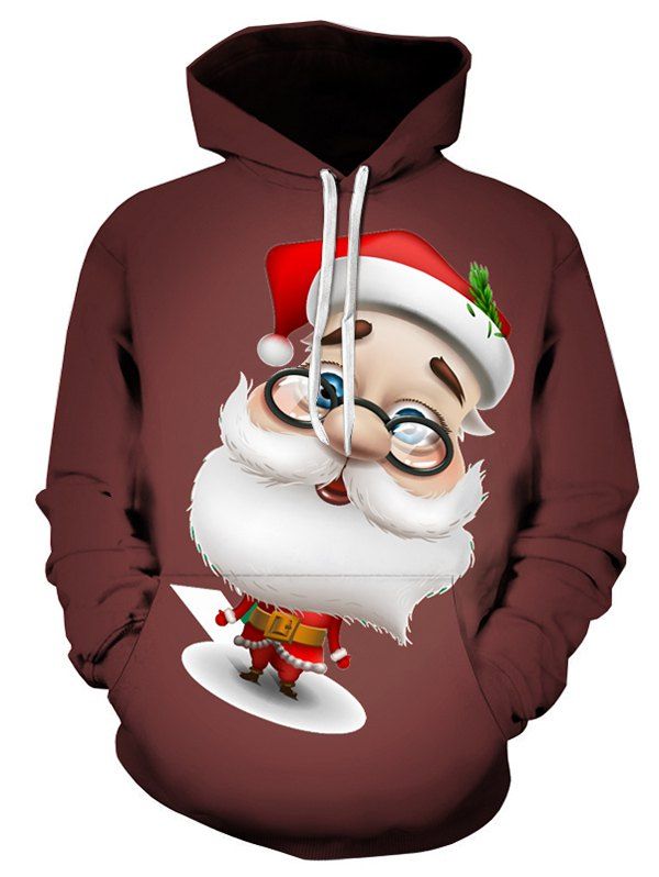 

3D Cartoon Santa Claus Printed Pullover Hoodie, Deep coffee