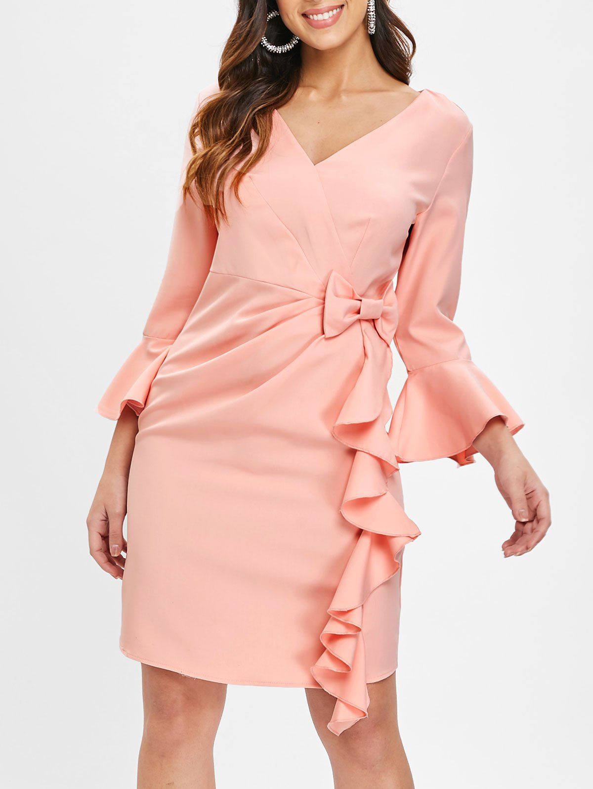 

Flare Sleeve Bowknot Ruffle Dress, Orange pink
