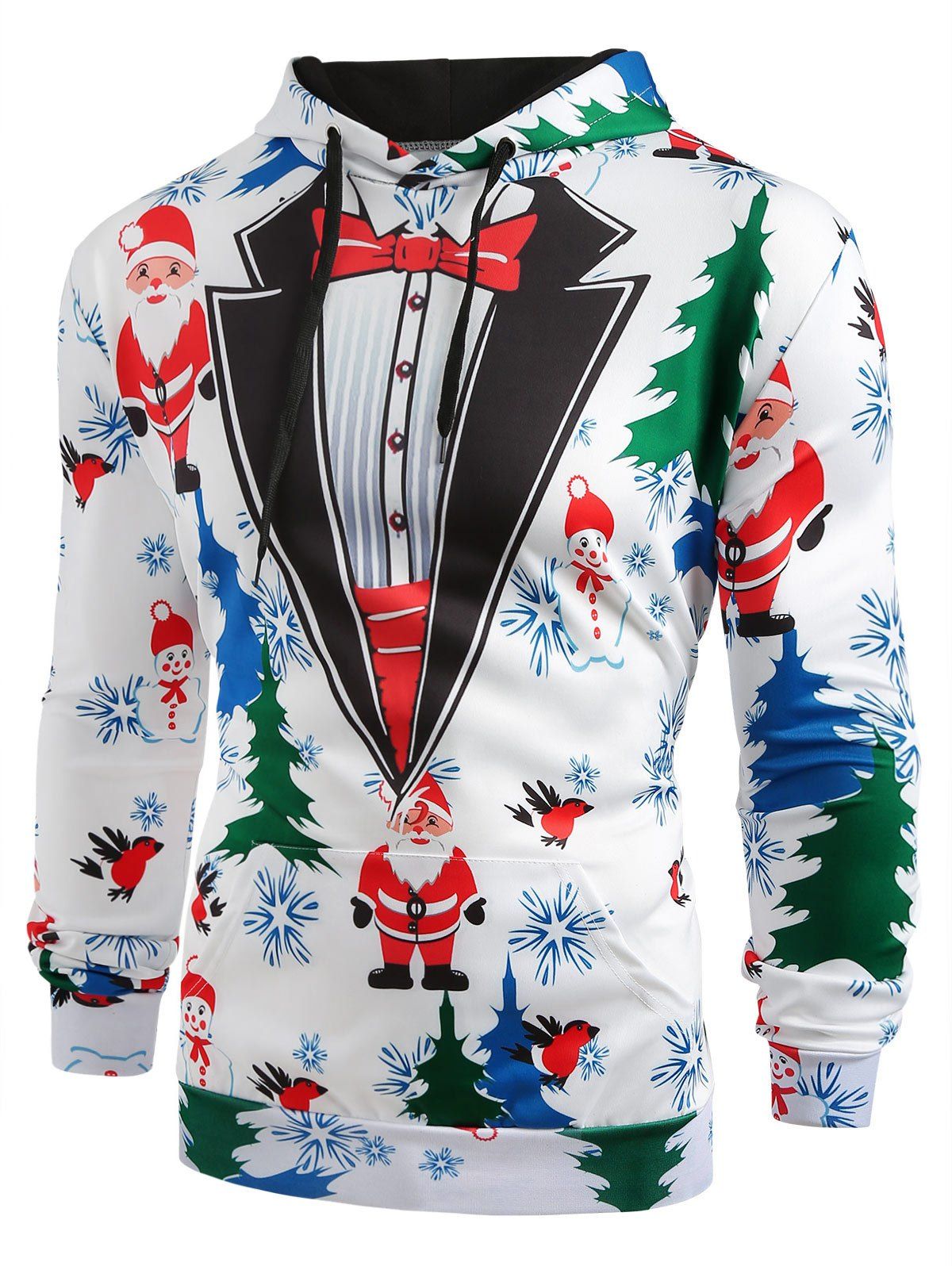 

Christmas Tree Santa Printed Drawstring Hoodie, White