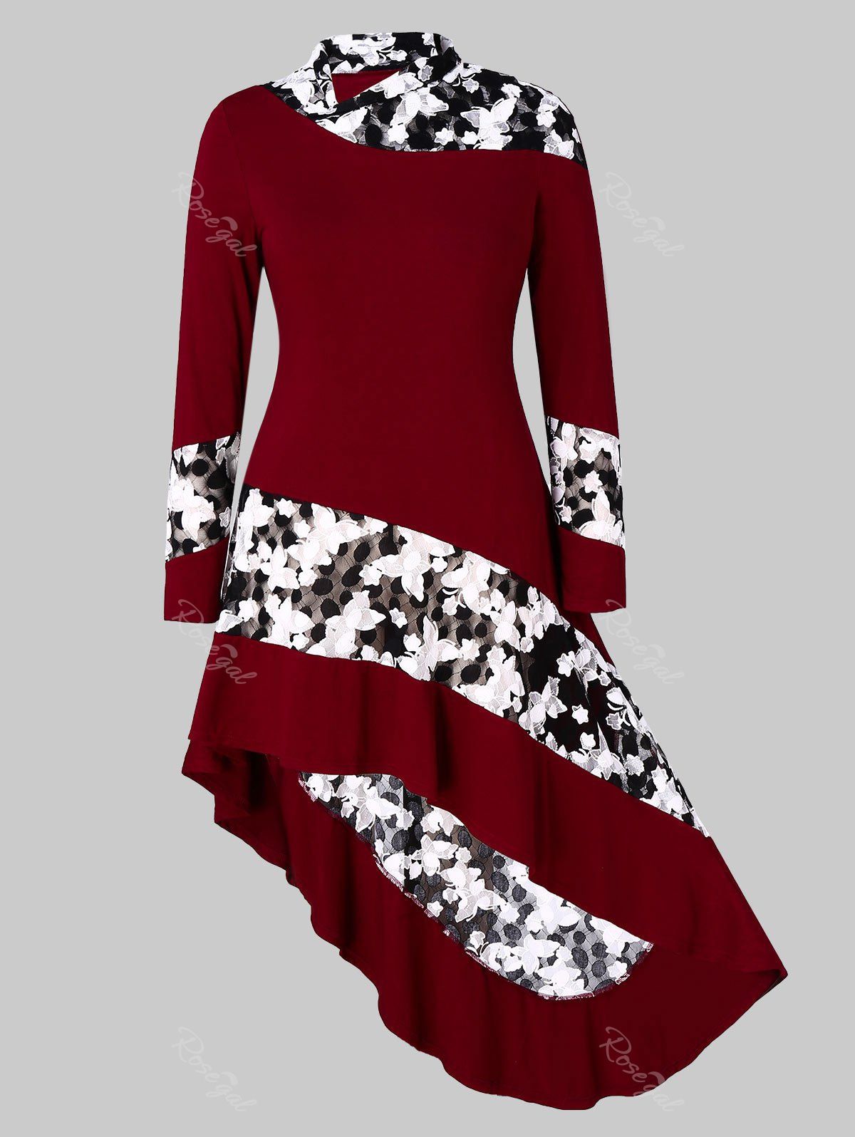 

Plus Size Asymmetric Hem Splicing T-shirt, Red wine