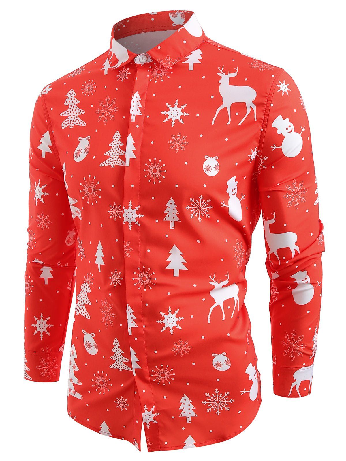 

Christmas Elements Print Hem Curved Button Up Shirt, Red