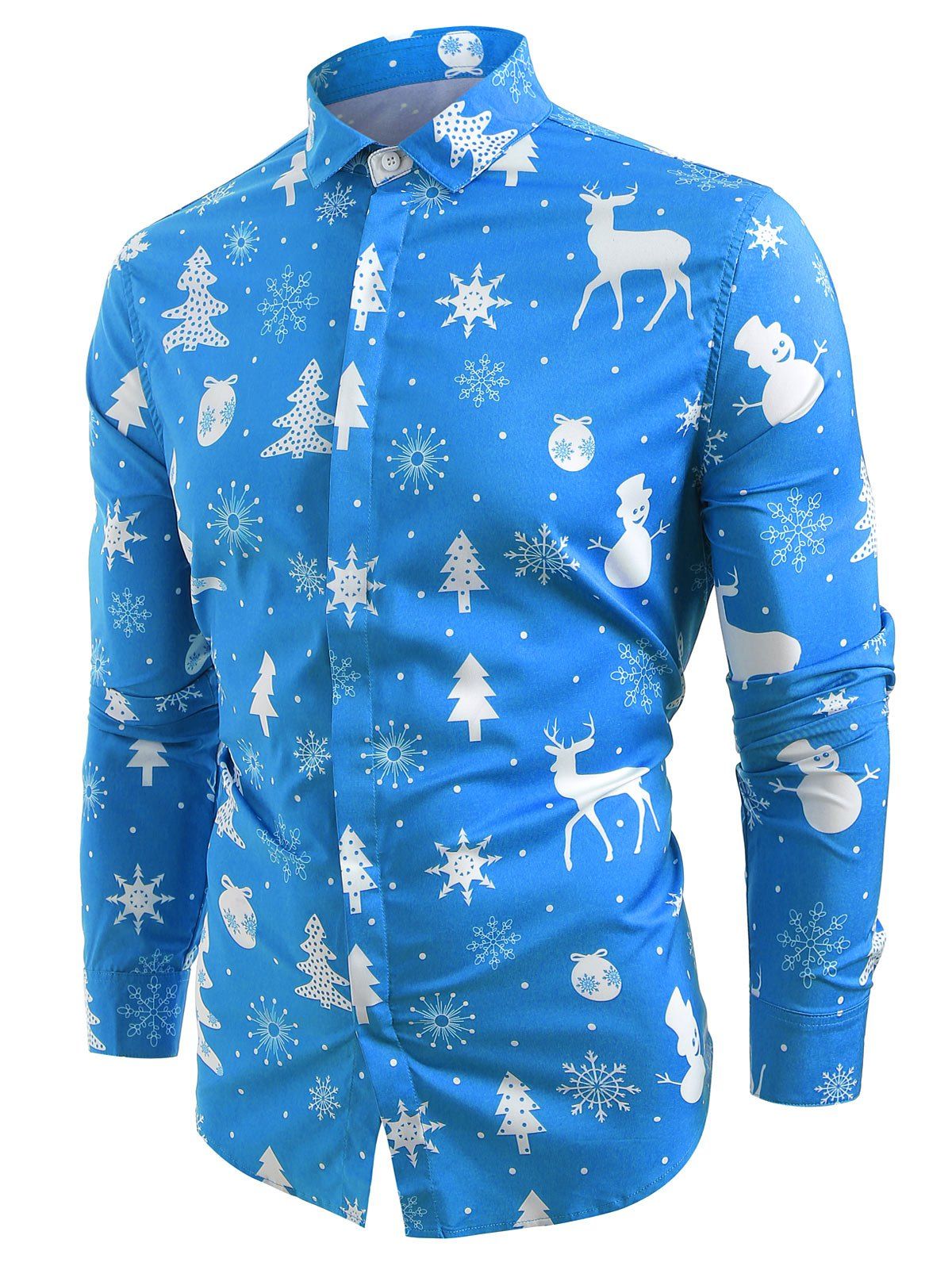 

Christmas Elements Print Hem Curved Button Up Shirt, Dodger blue