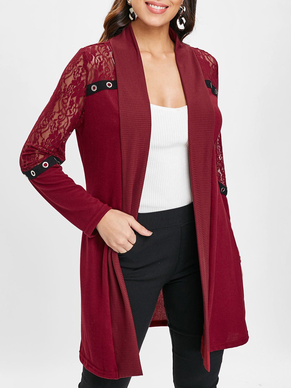 

Lace Panel Open Front Cardigan, Red wine