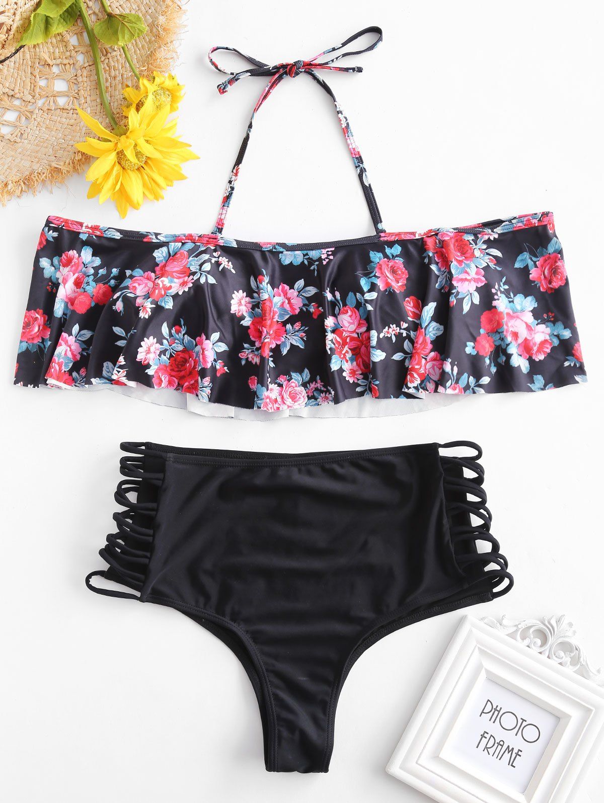 

Floral Halter Cut Out Bikini Set, Black