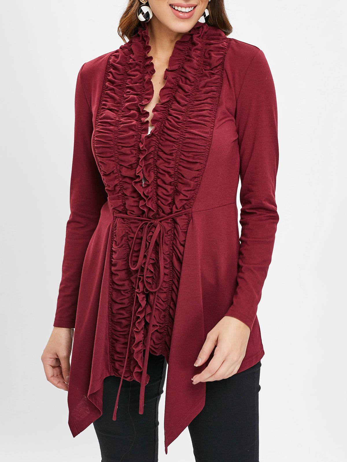 

Open Front Ruffles Asymmetrical Cardigan, Red wine