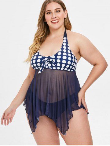

Polka Dot Plus Size Padded Tankini Set, Deep blue