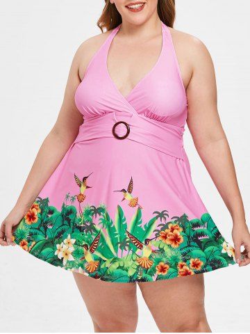 rosegal Plus Size Halter Neck Birds Print Swimwear