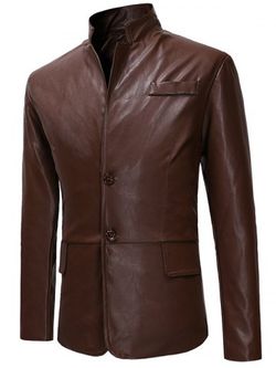 Two Buttons Stand Collar PU Leather Jacket - COFFEE - XS