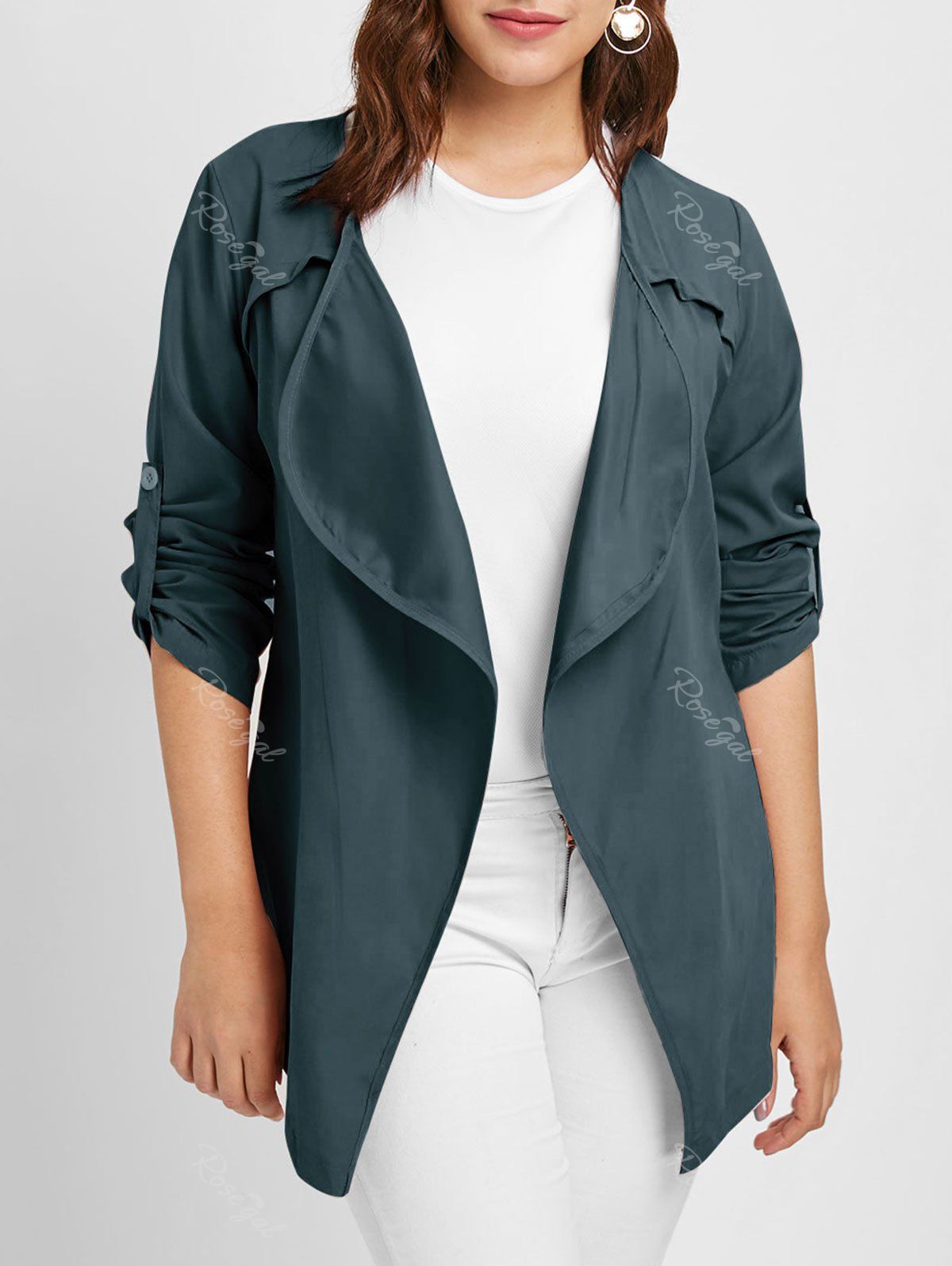 

Plus Size Long Sleeves Jacket with Open Front, Peacock blue