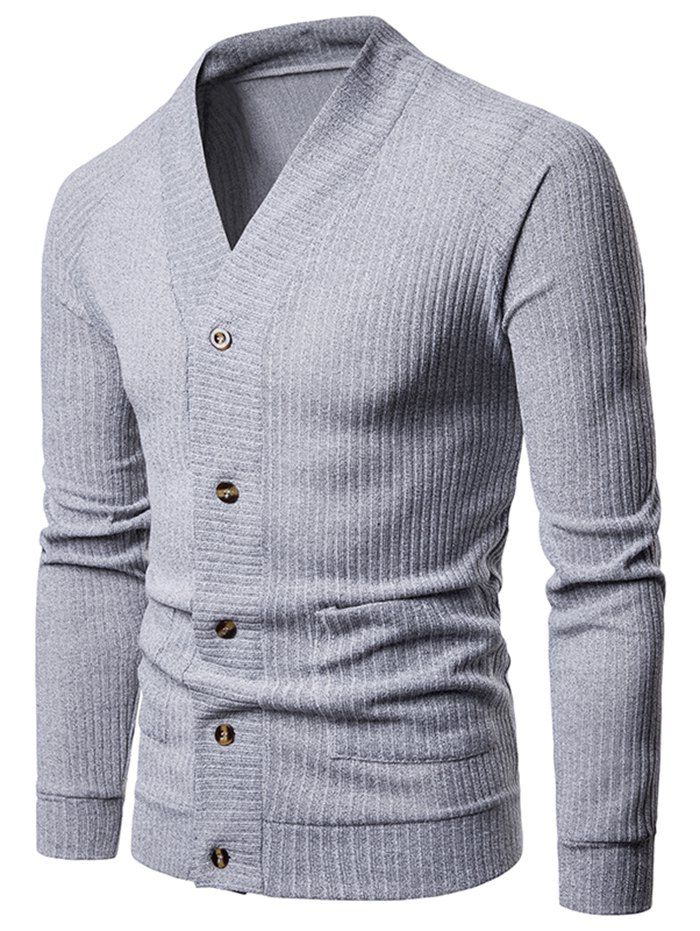 

Solid Pocket Button Up Thin Knit Sweater, Light gray