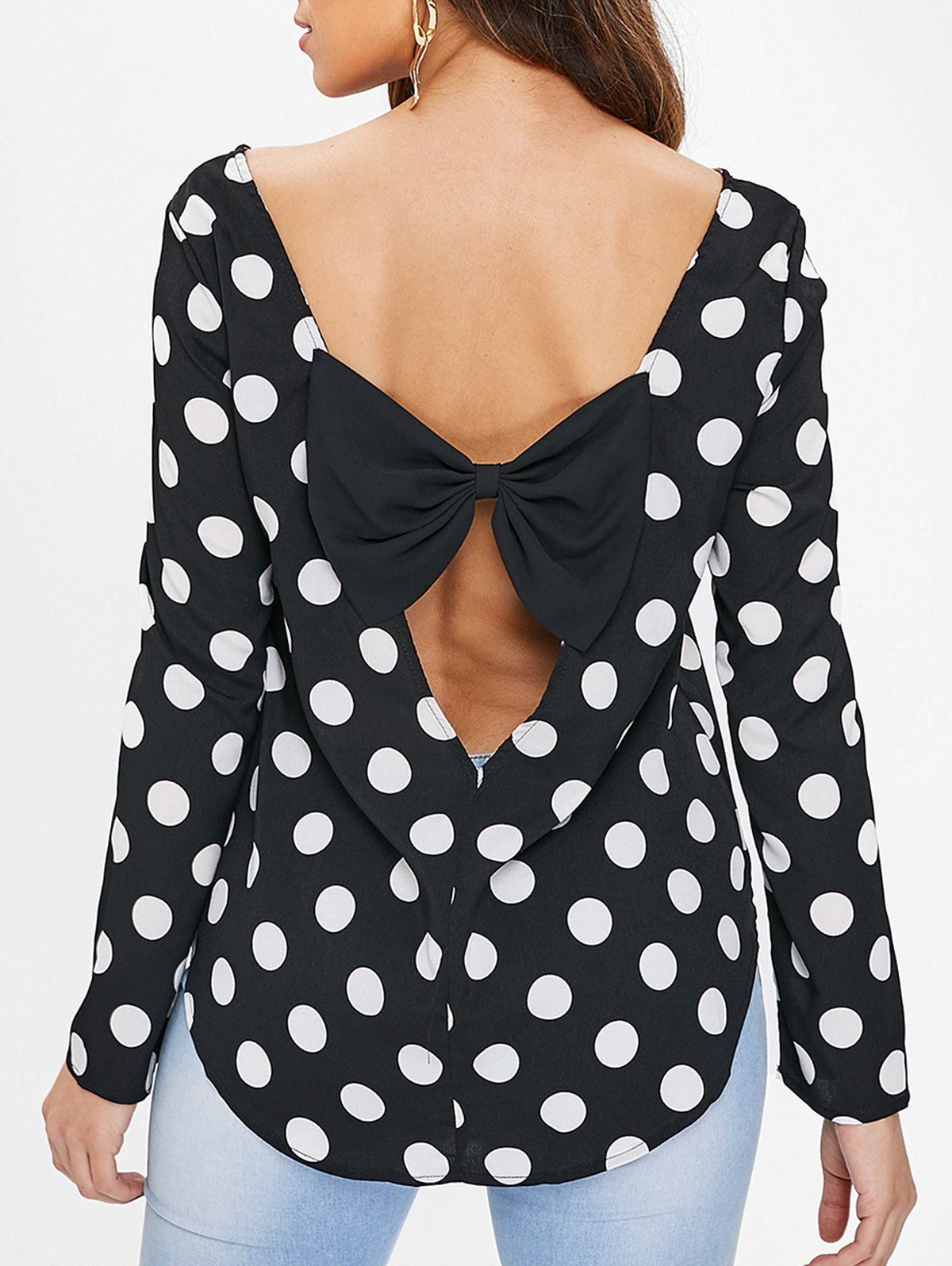 

Polka Dot Cut Out Bowknot Blouse, Black
