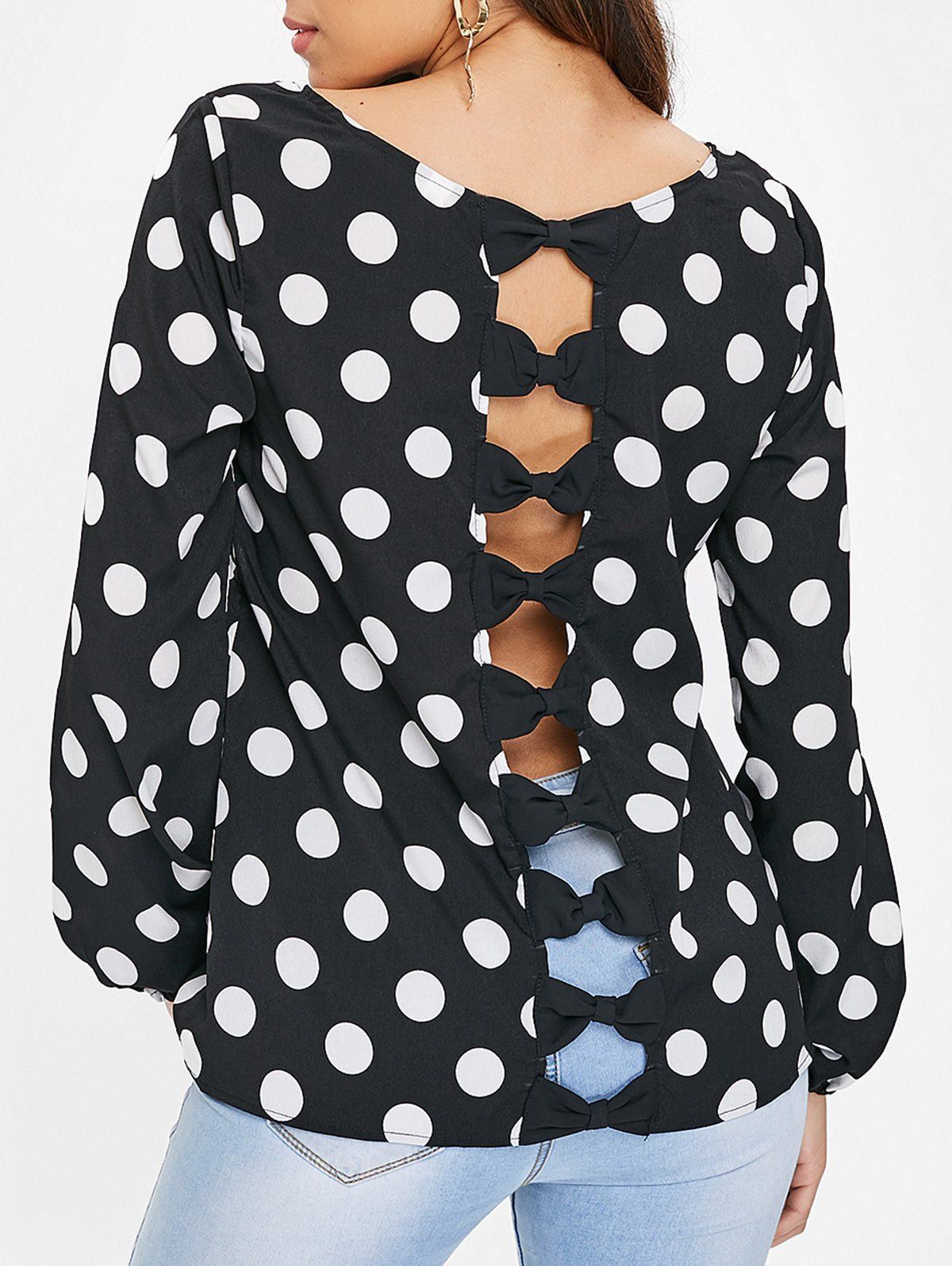 

Polka Dot Bowknot Cut Out Blouse, Black