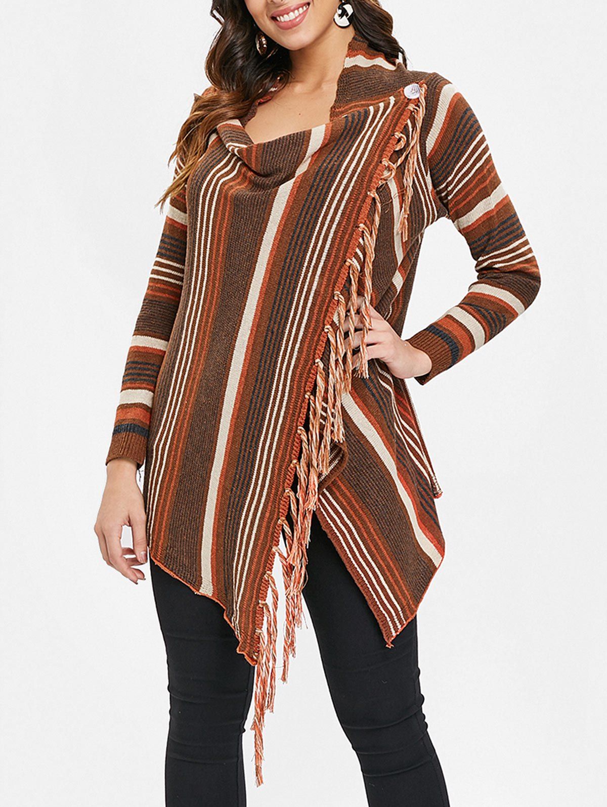 

Cowl Neck Asymmetrical Fringe Striped Cardigan, Multi-a