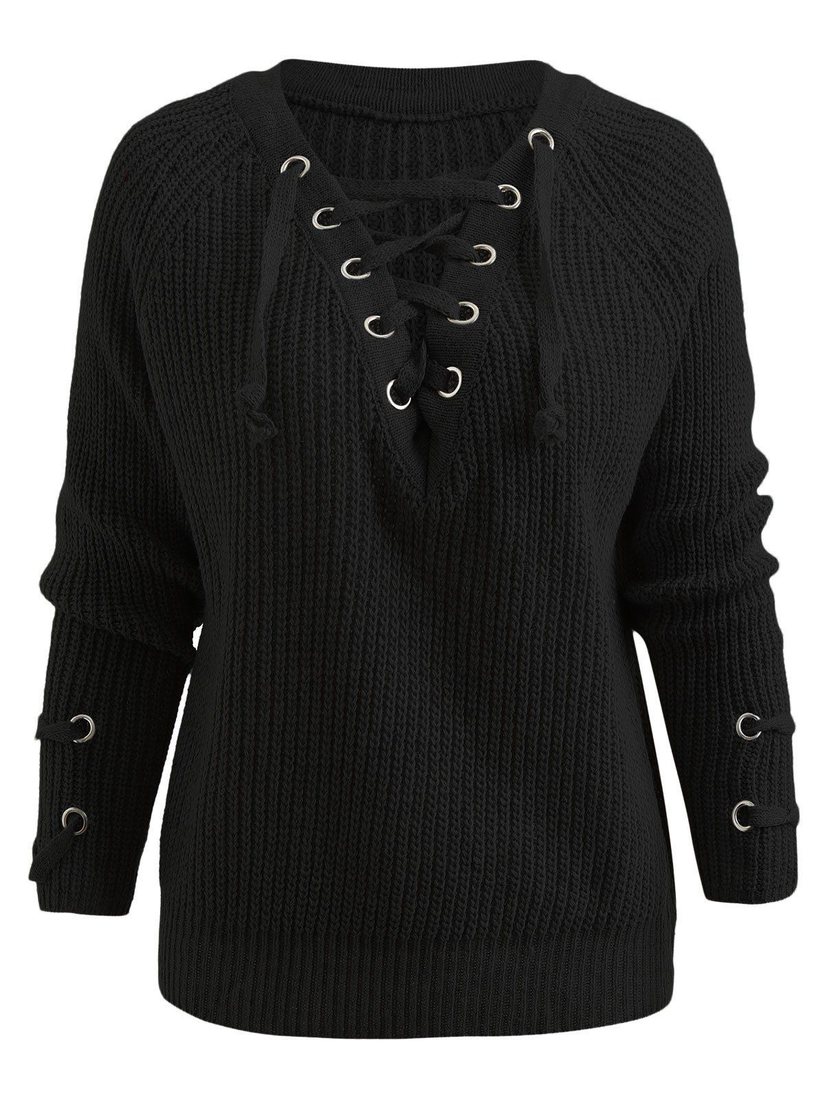 

Raglan Sleeve Lace Up Chunky Sweater, Black