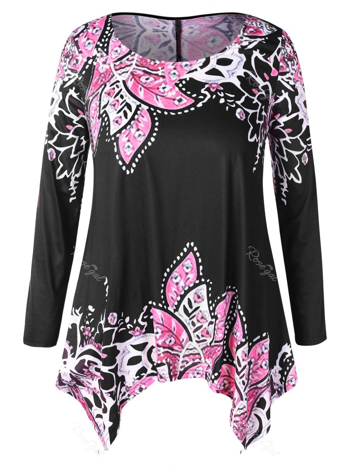 

Asymmetrical Plus Size Floral Print T-shirt, Black