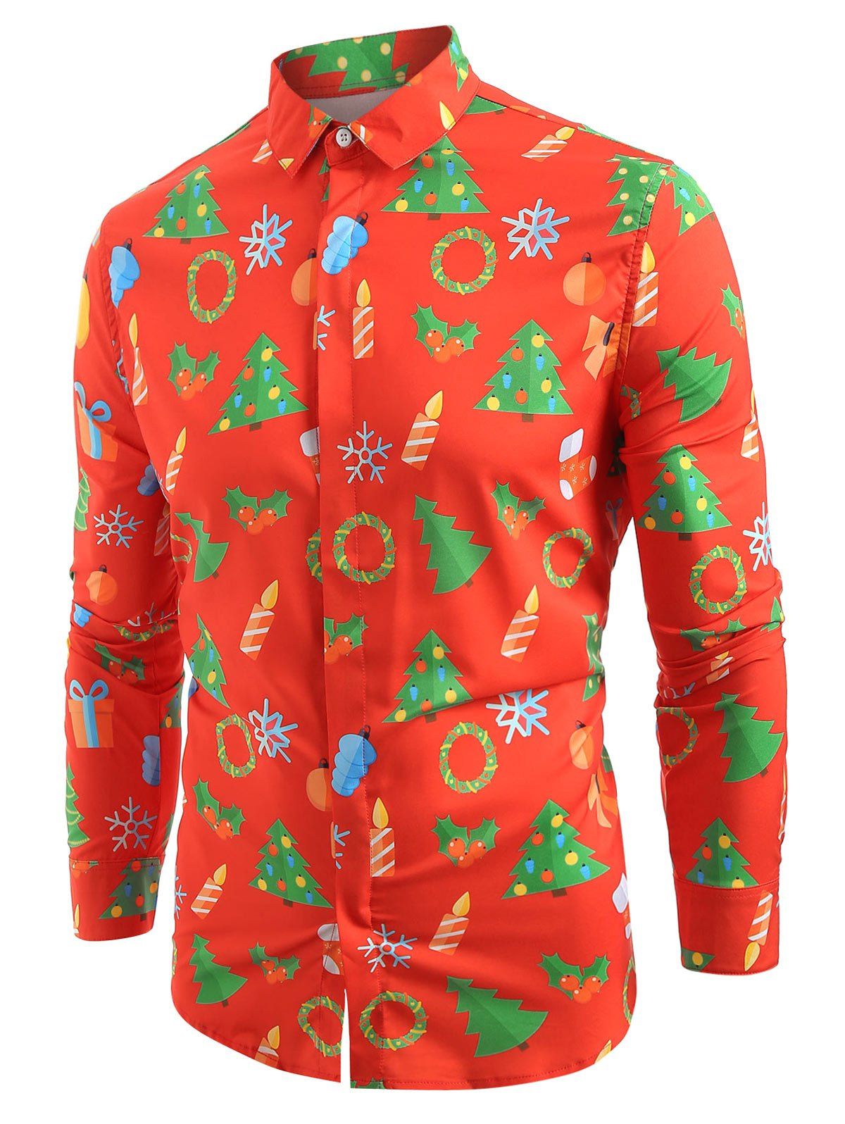 

Christmas Elements Print Hem Curved Long Sleeve Shirt, Bright orange
