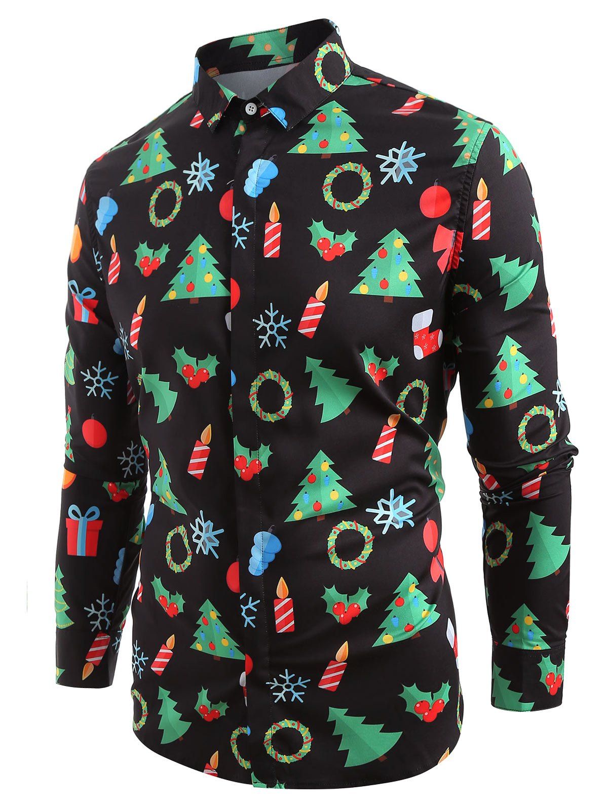 

Christmas Elements Print Hem Curved Long Sleeve Shirt, Black