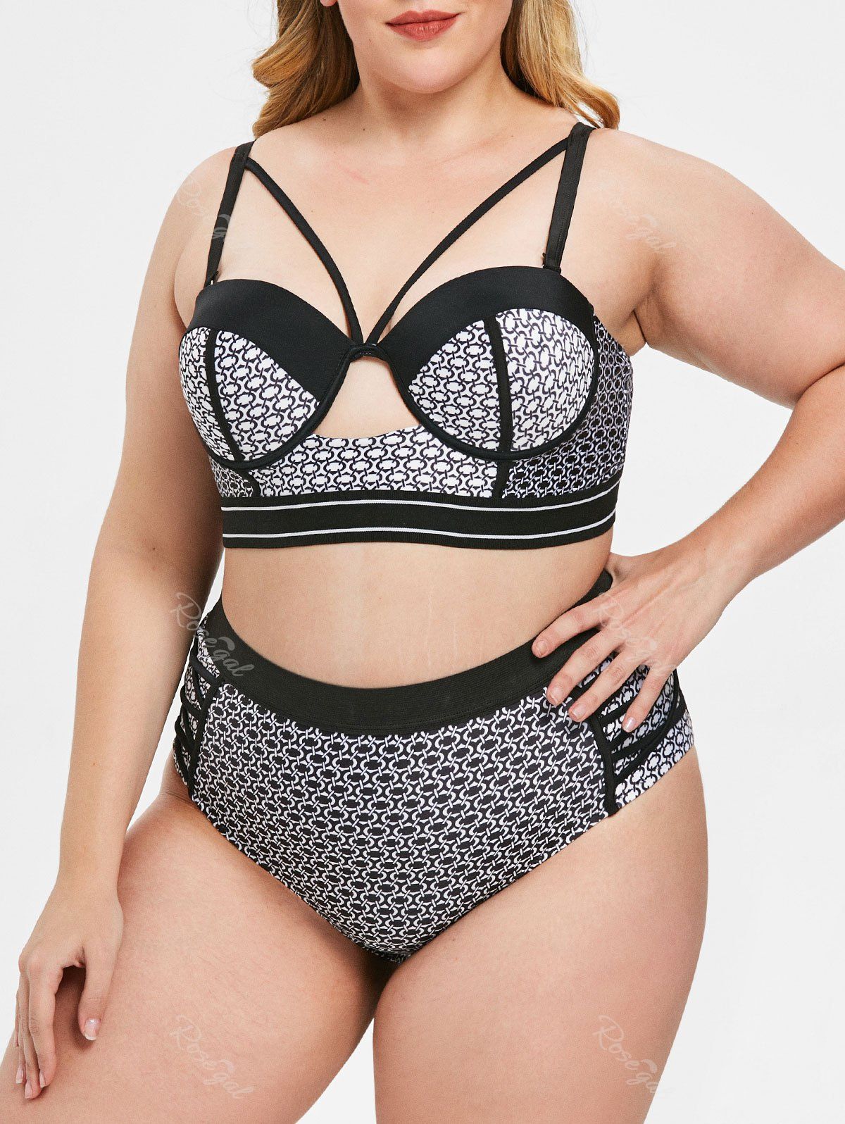 

Plus Size Printed Underwire Bikini Set, Black