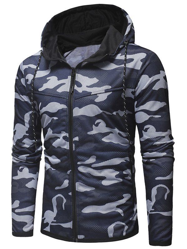 

Camo Drawstring Zipper Hoodie, Cadetblue