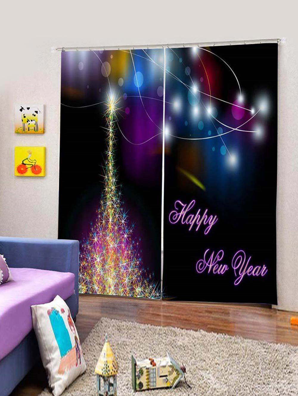 

2PCS Happy New Year Christmas Window Curtains, Black