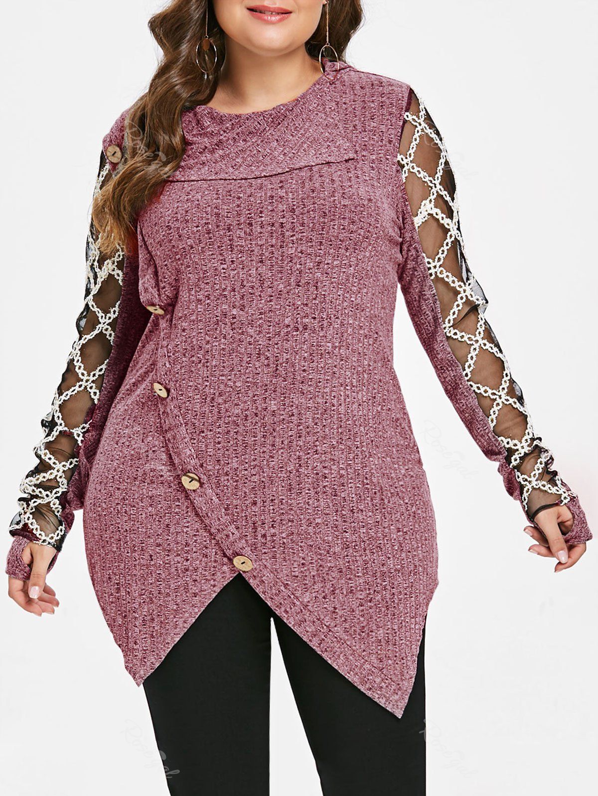 

Plus Size Mesh Panel Ribbed Marled Knit Top, Red wine
