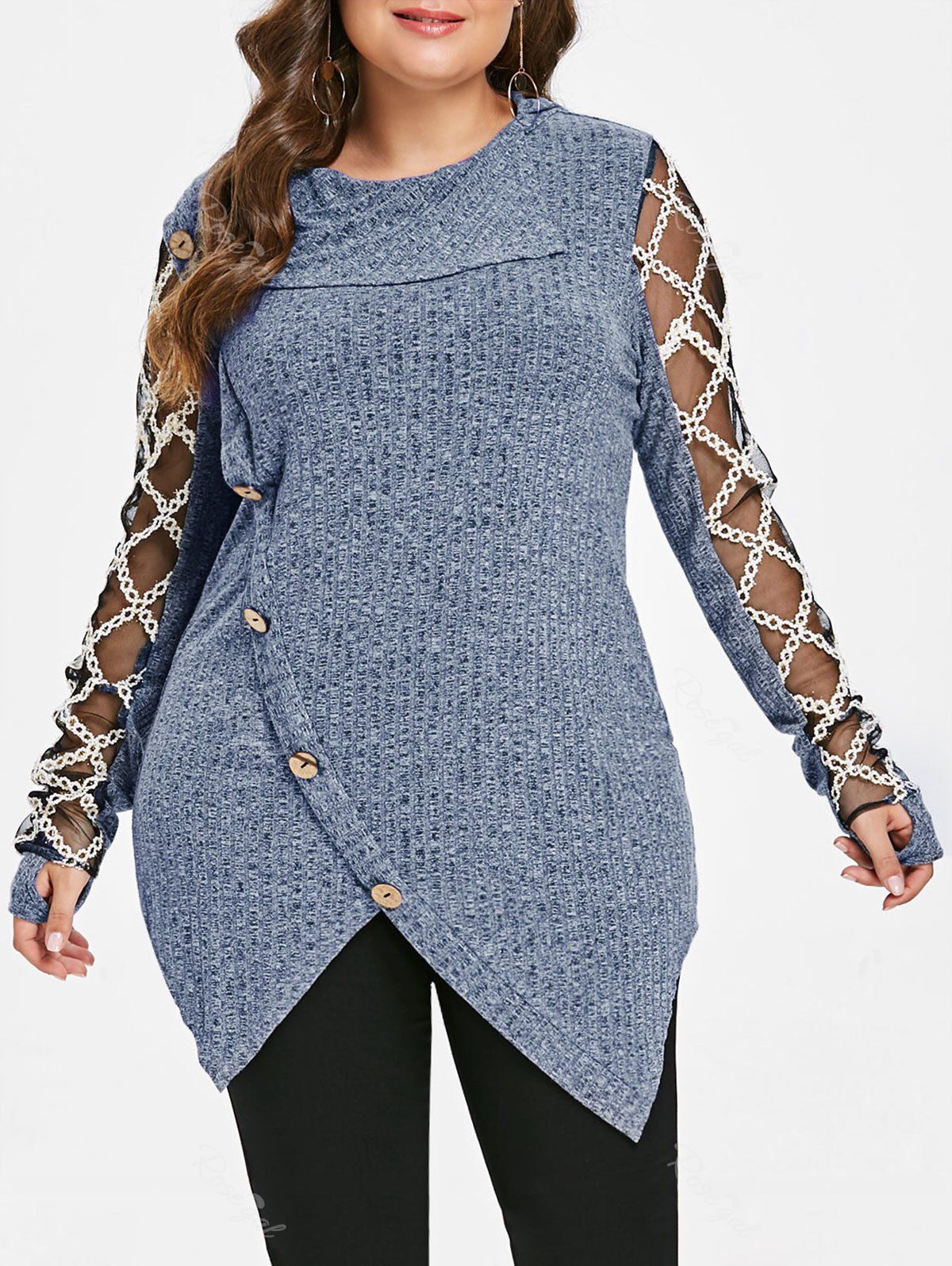 

Plus Size Mesh Panel Ribbed Marled Knit Top, Blueberry blue