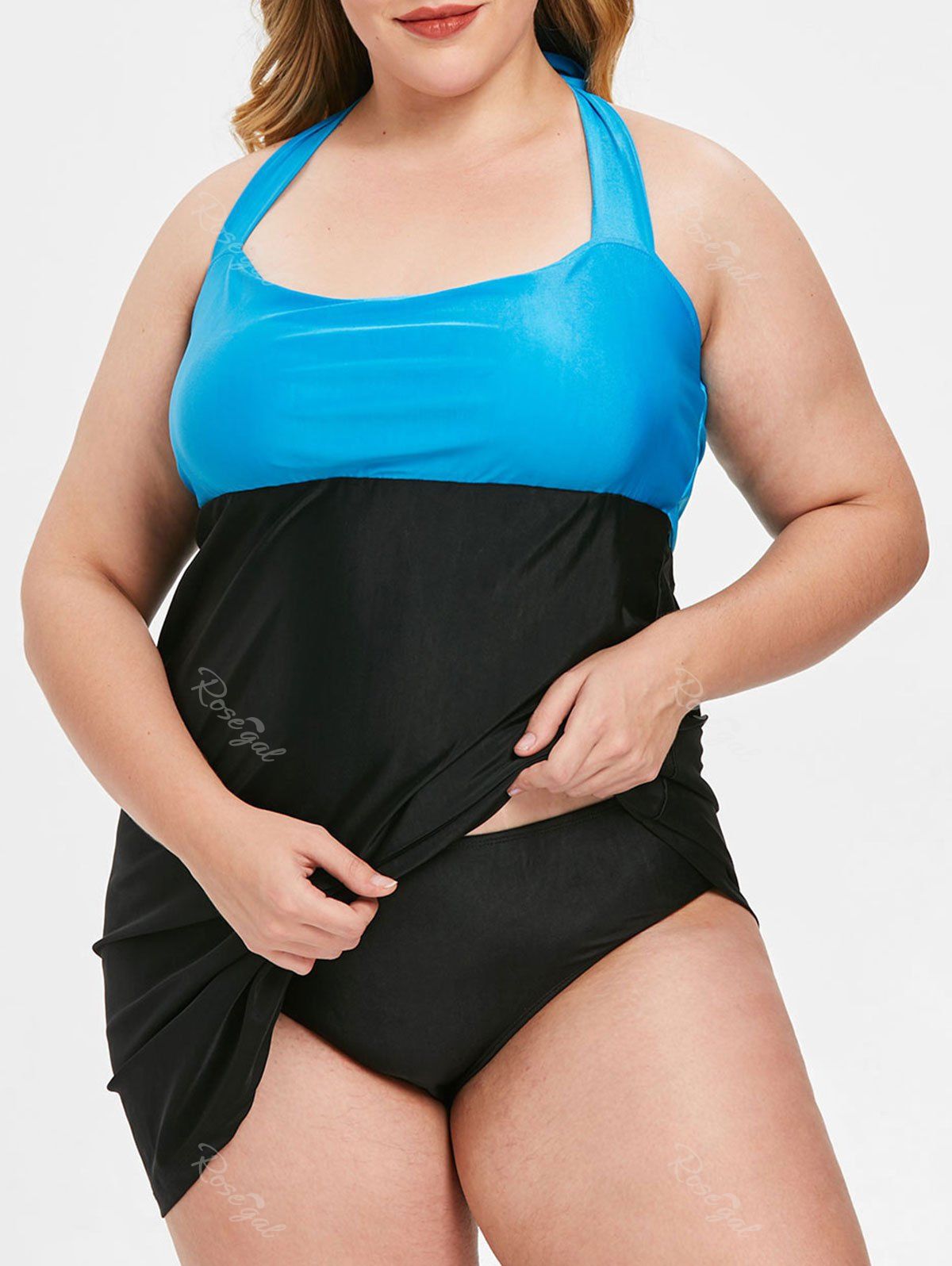 

Plus Size Padded Two Tone Tankini Set, Blue