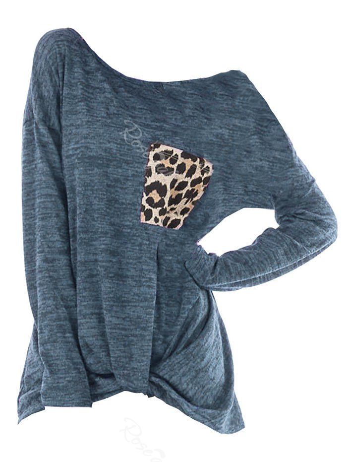 

Leopard Breast Pocket Plus Size Front Knot T-shirt, Blue