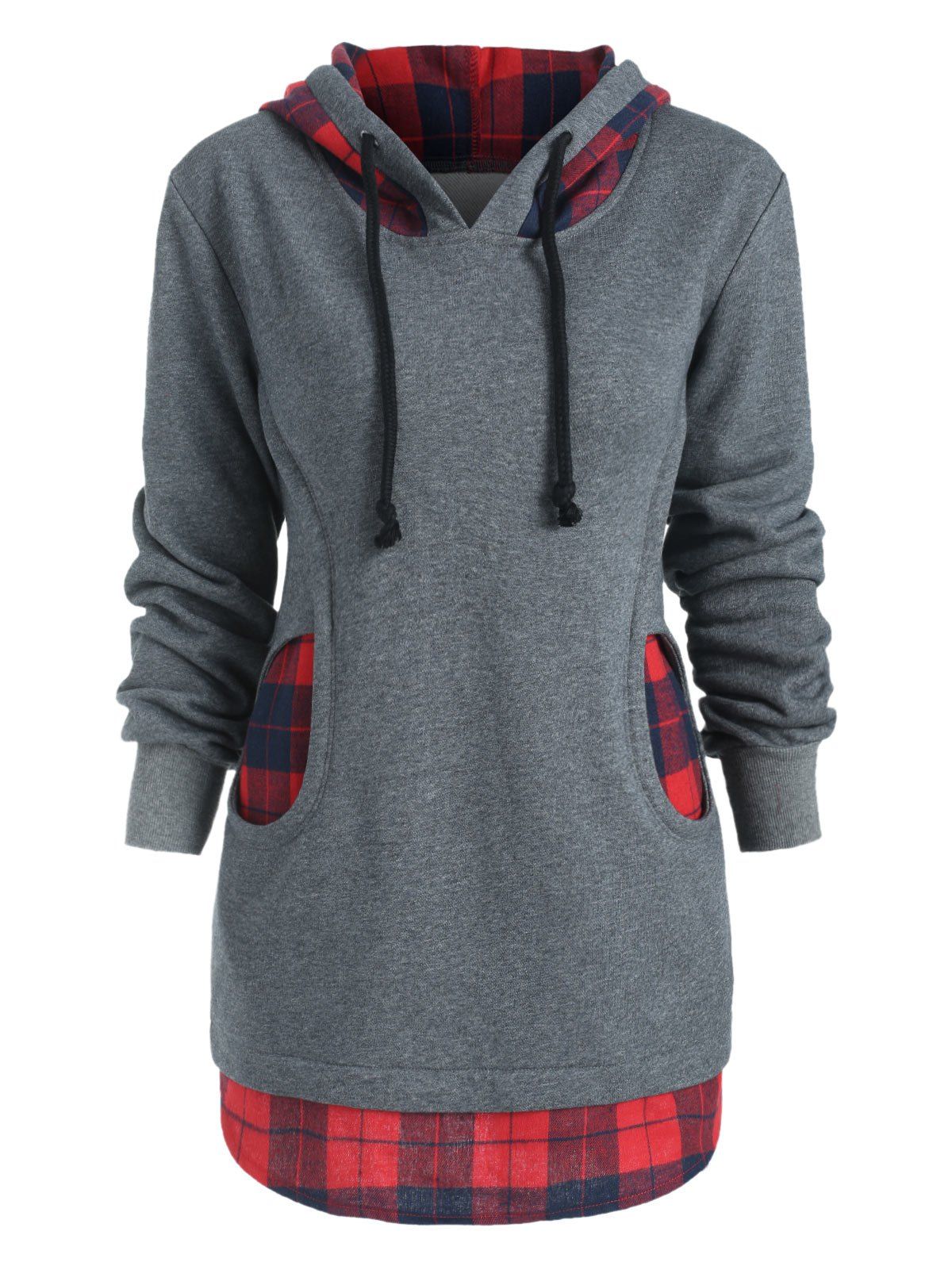 

Checkered Two Pockets Terry Hoodie, Dark gray
