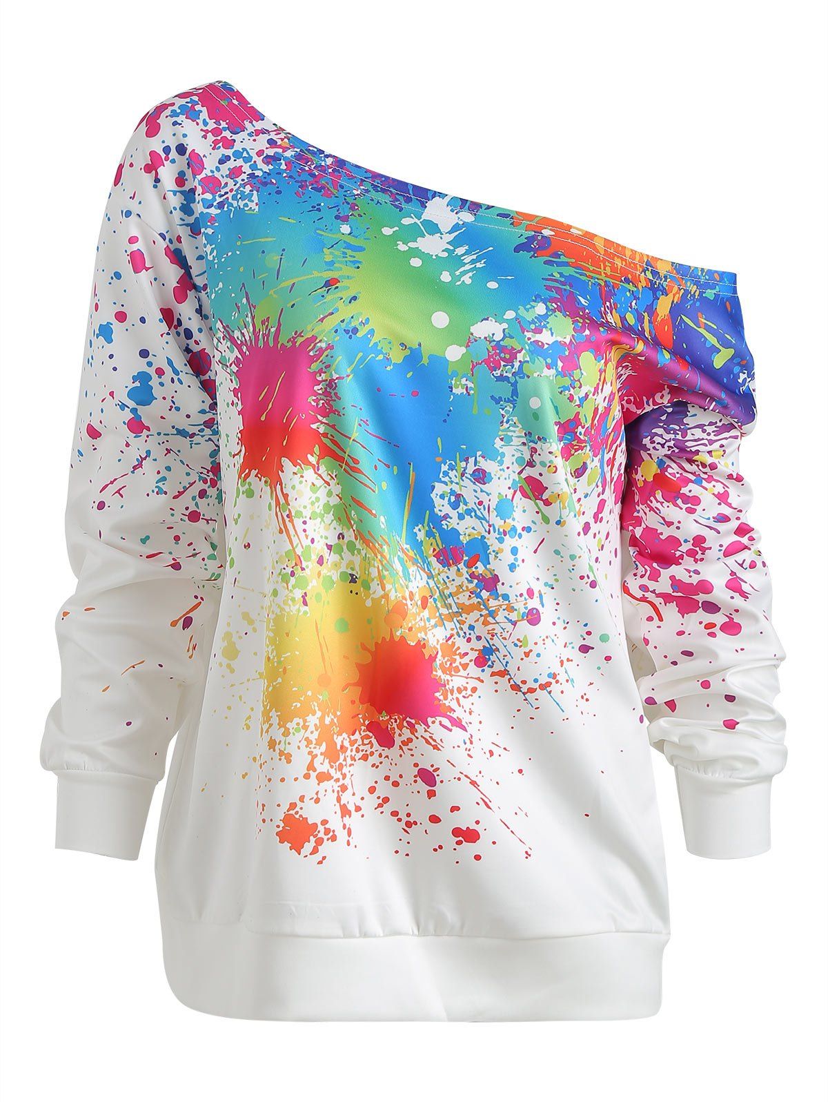 

Paint Splatter Print Skew Neck Sweatshirt, Multi