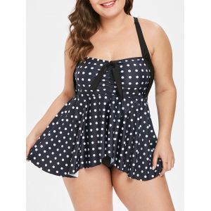 

Plus Size Dotted Criss Cross Skirted Tankini Set, Black