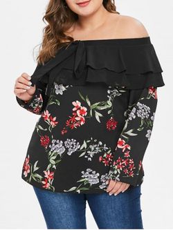 Blusa de gasa con estampado floral en capas y hombros descubiertos - BLACK - L