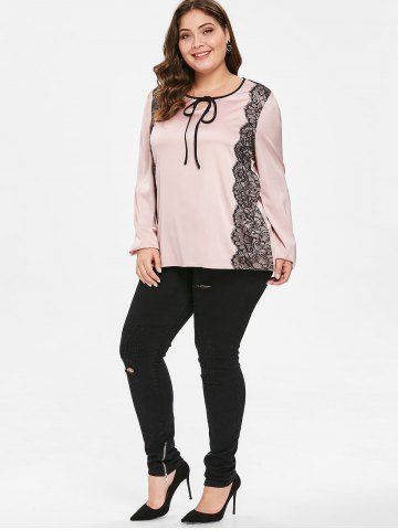 

Plus Size Lace Panel Satin Top, Light pink