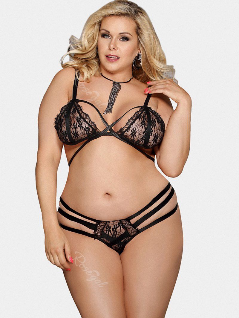 39 Off Criss Cross Plus Size Lace Panel Lingerie Set Rosegal 