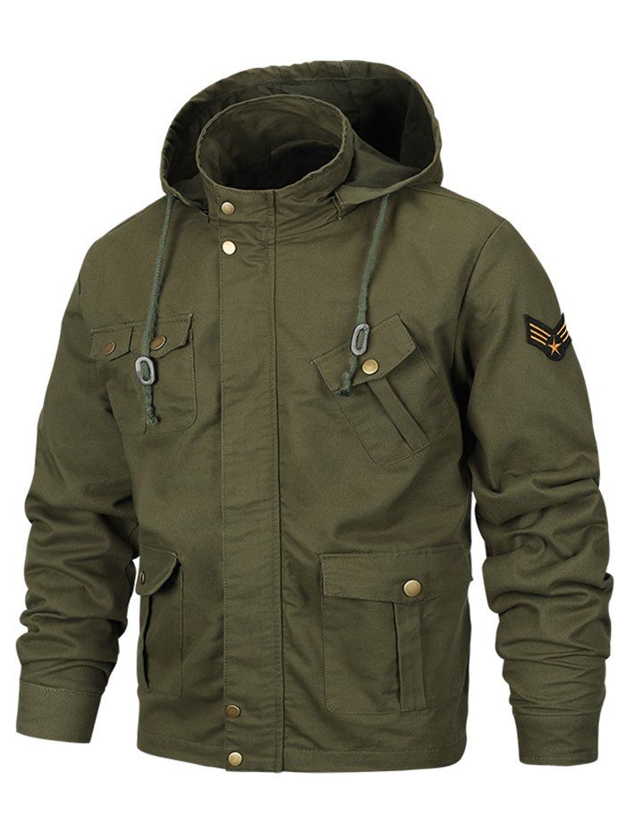 

Applique Zipper Casual Hooded Jacket, Army green