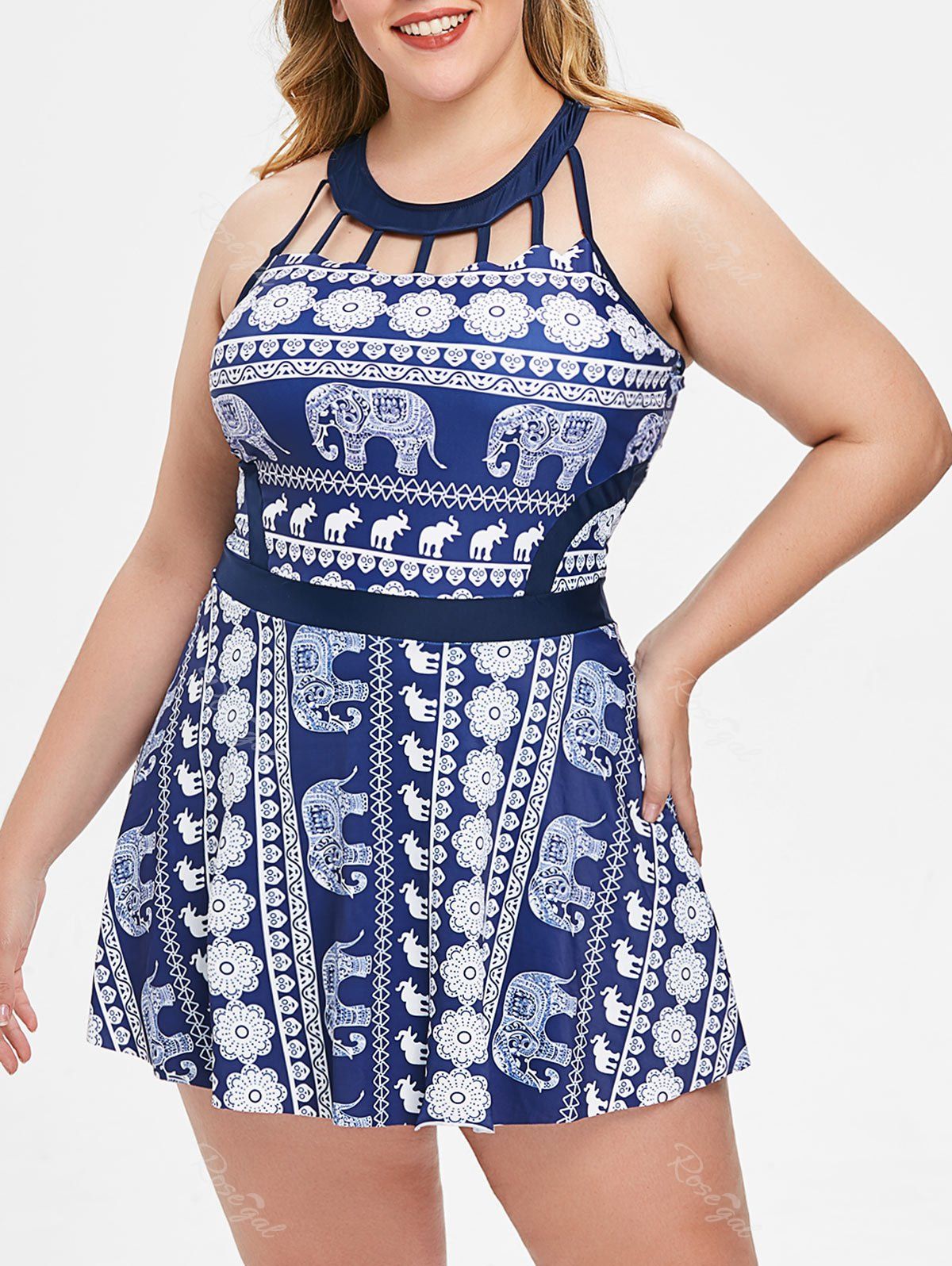 

Elephant Print Plus Size Cut Out Tankini Set, Denim dark blue