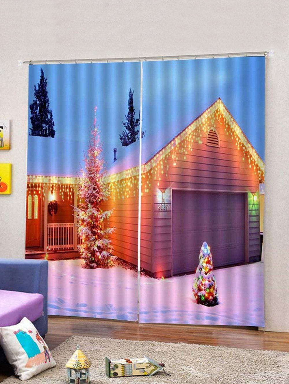 

2Pcs Lighting Christmas House Printed Window Curtains, Multi