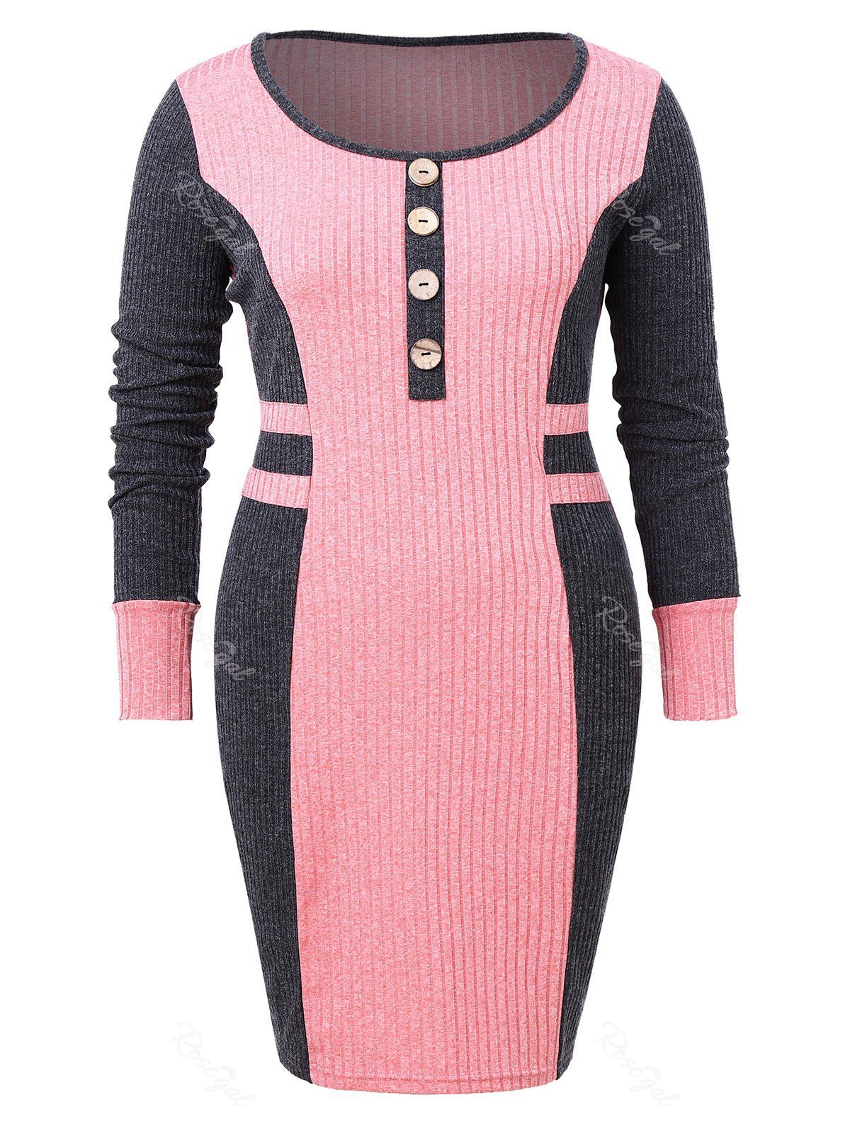 

Round Neck Plus Size Color Block Bodycon Dress, Pink