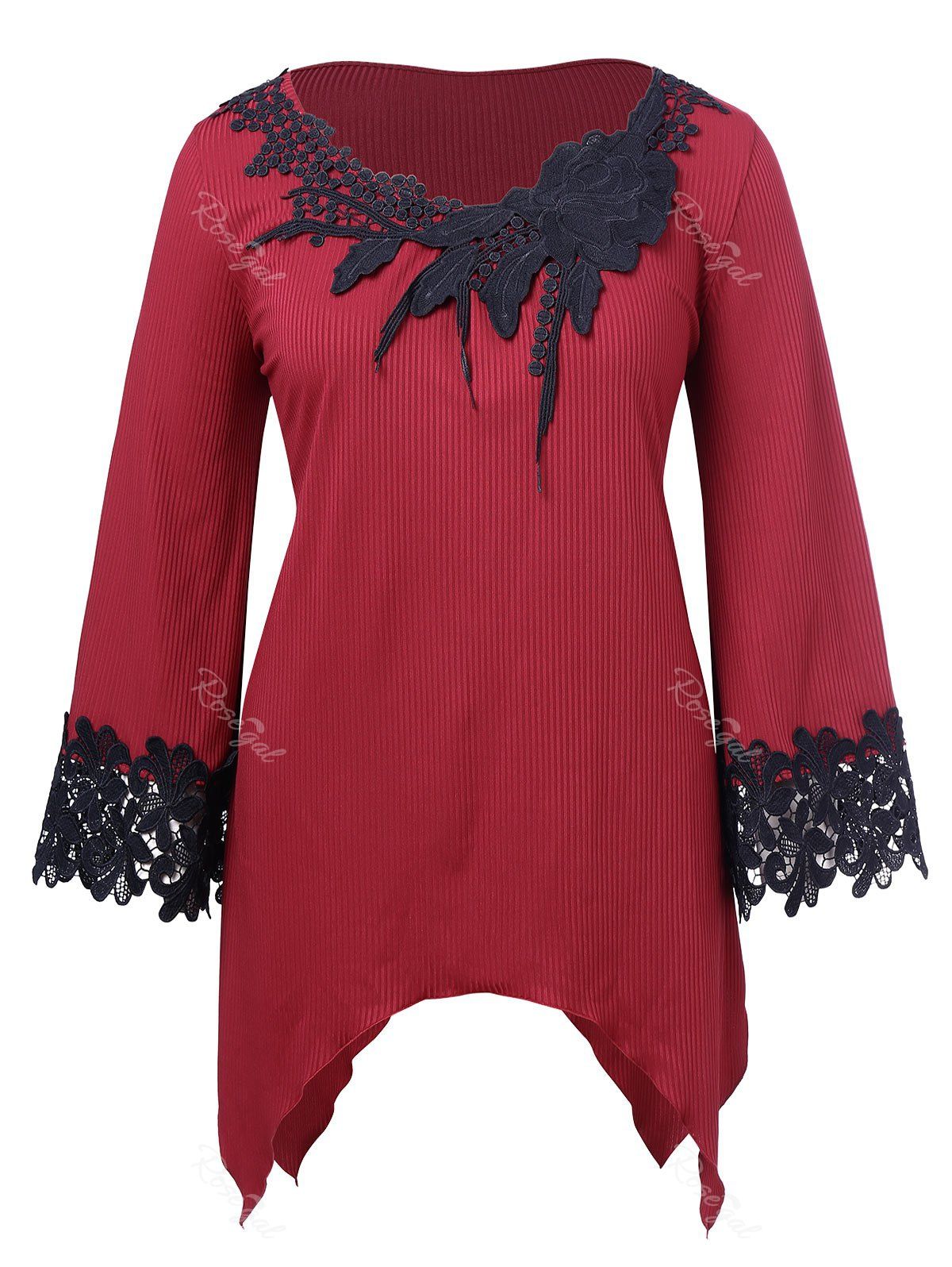 

Plus Size Flower Patchwork Handkerchief T-shirt, Red wine