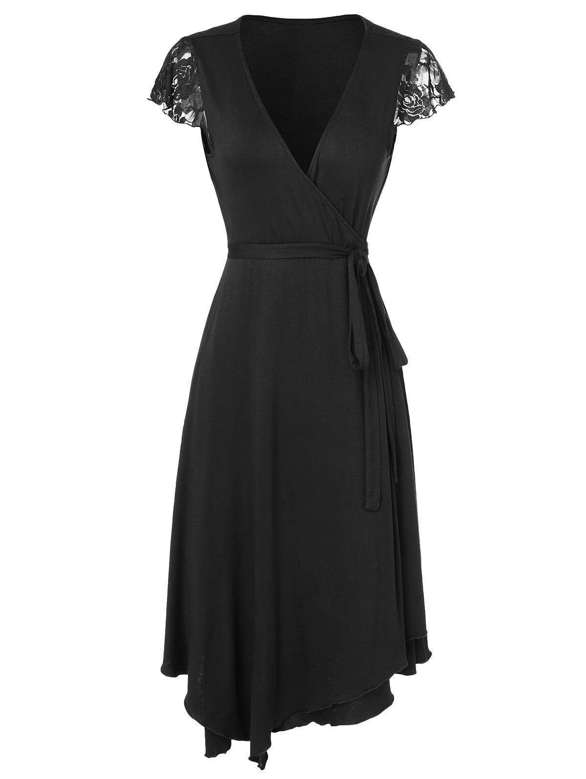 

V Neck Wrap Asymmetrical Dress, Black