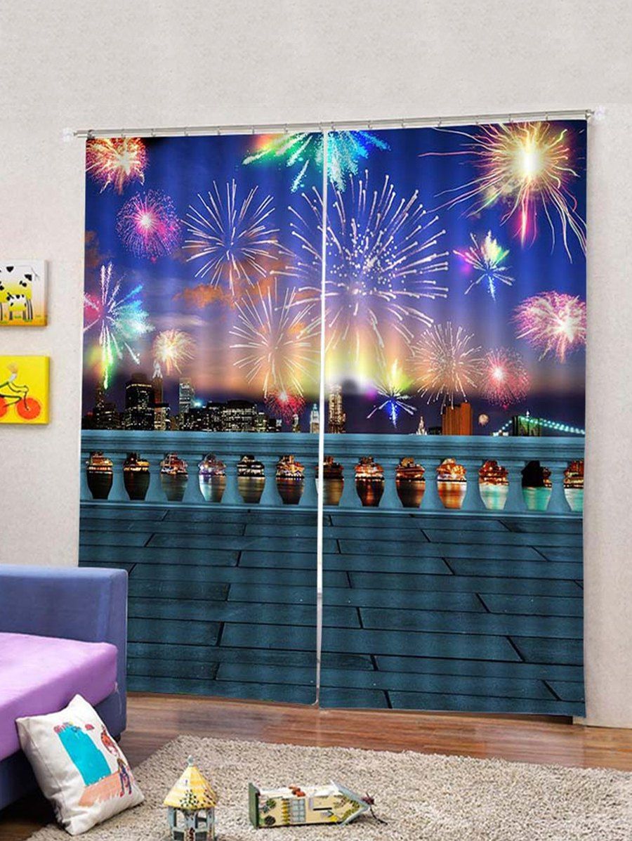 2Pcs Fireworks Night View Printed Window Curtains [56% OFF] | Rosegal