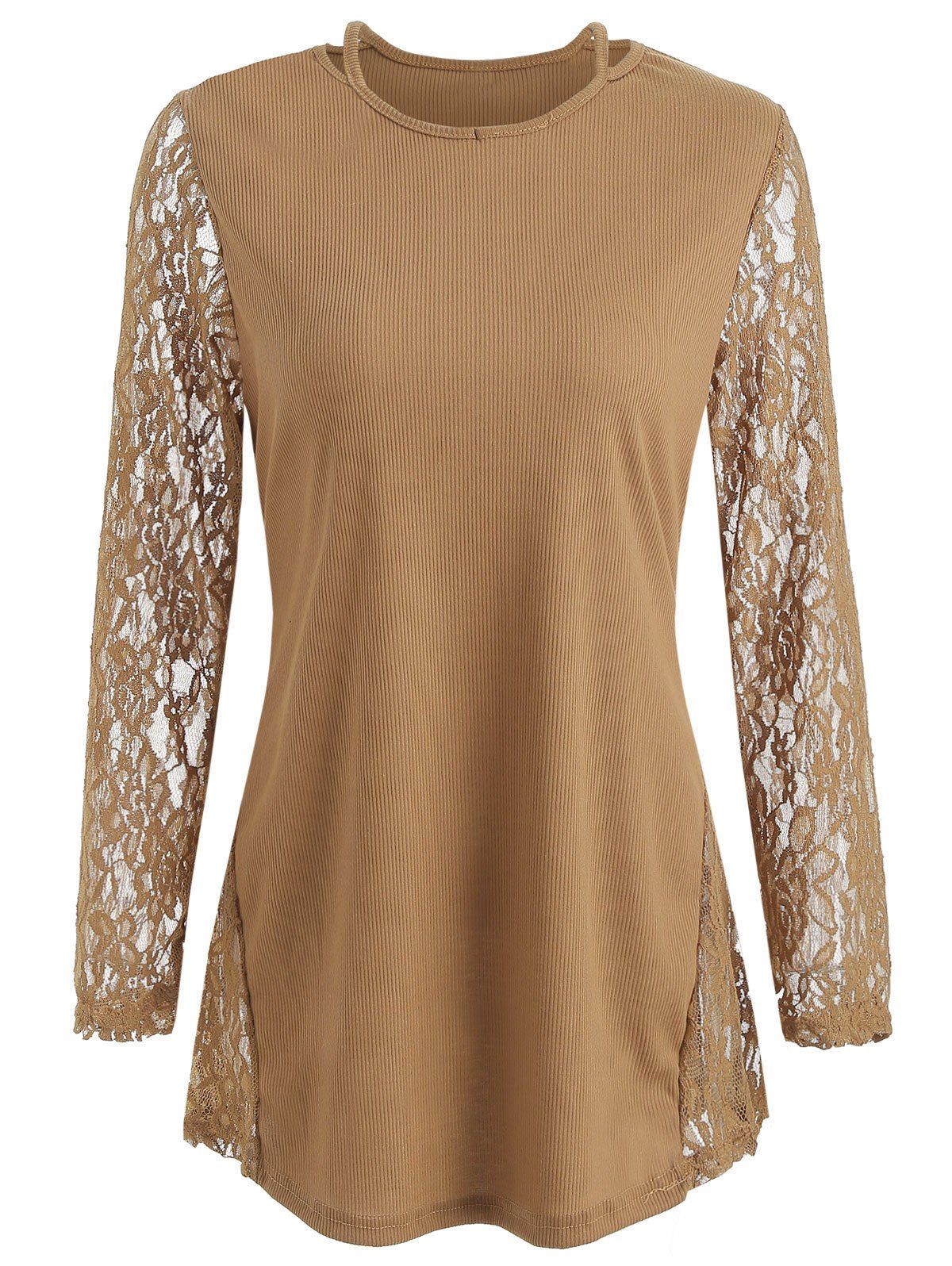 

Lace Panel Cut Out T Shirt, Brown