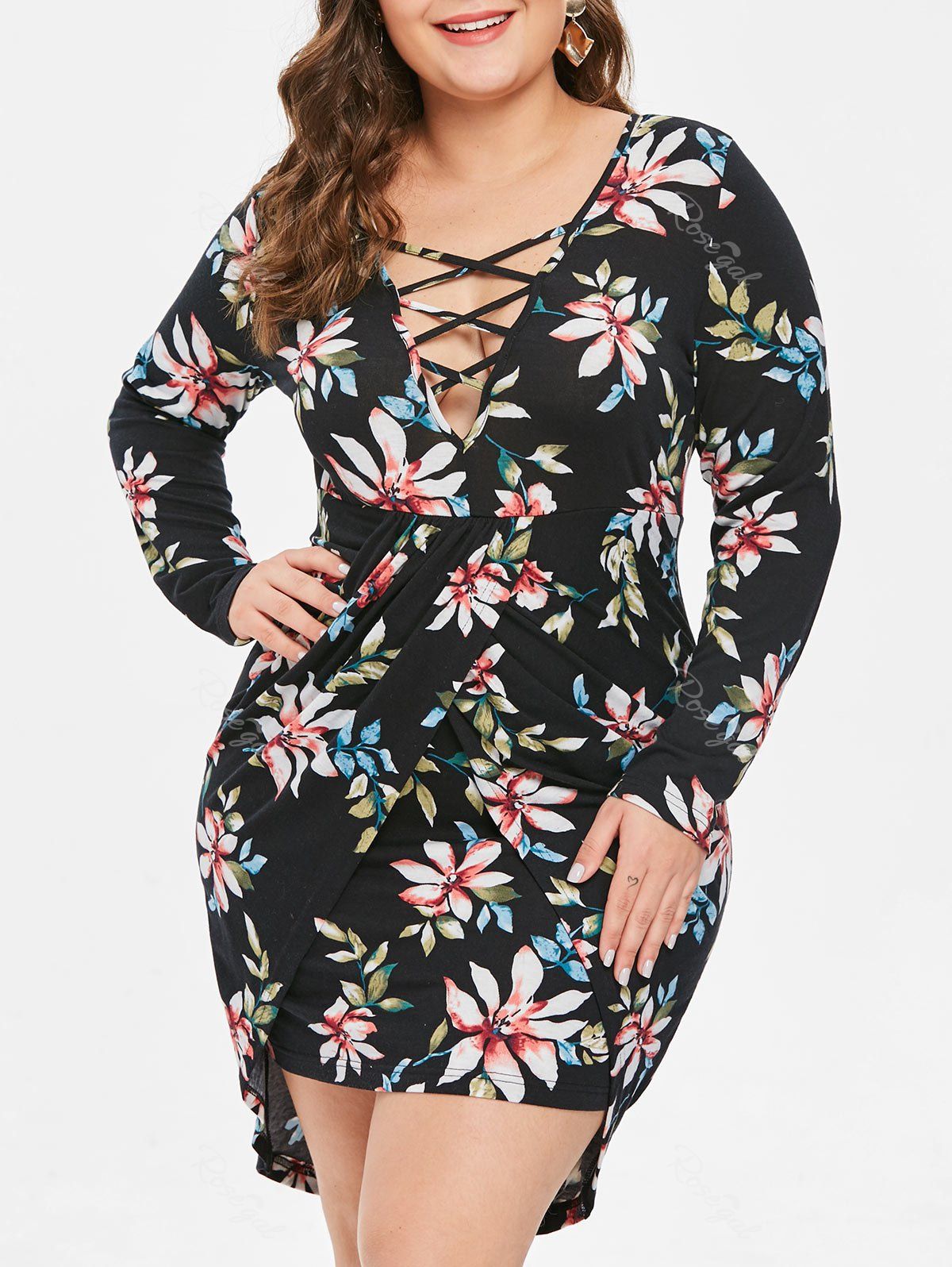 

Plus Size Asymmetric Criss Cross Floral Plunging Dress, Black