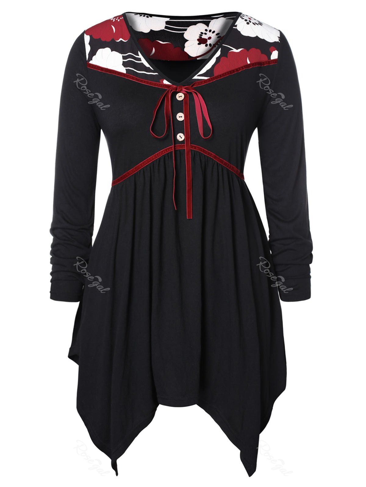 

Plus Size Floral Spliced Bowknot Button Handkerchief T-shirt, Black